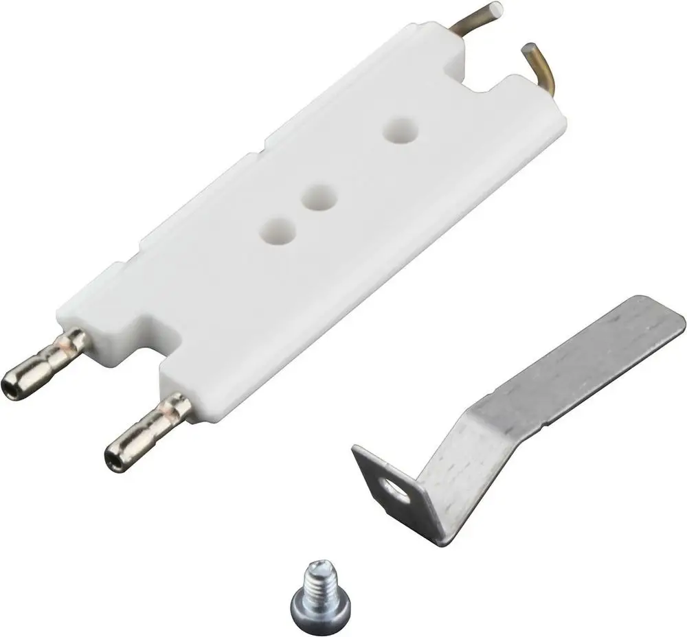 Weiße Zündelektrode von Bosch mit zwei Metallanschlüssen und einer Halterung. Enthalten sind ein Befestigungselement und eine Schraube.